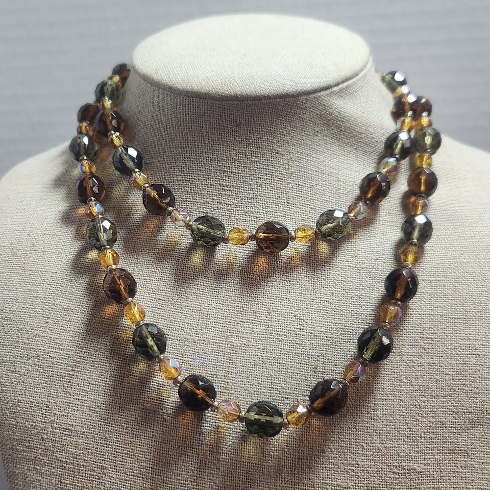 Joan Rivers Smoky Topaz Amber Faceted Glass Bead long Necklace Gold Tone 32"